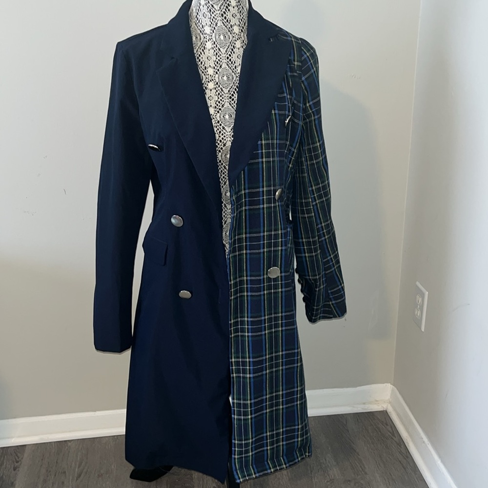 Navy and Plaid Blazer Coat